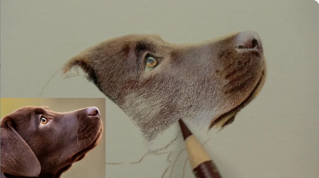 Chocolate Labrador head coloured in sections with coloured pencil, with the ear still to do