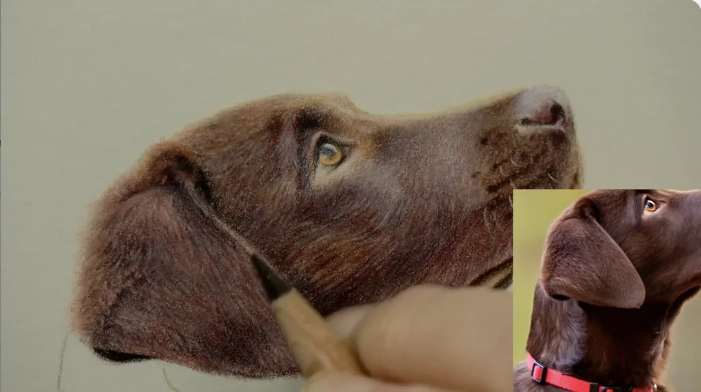 Dark coloured pencil adding shadow to a Labrador’s ear fur
