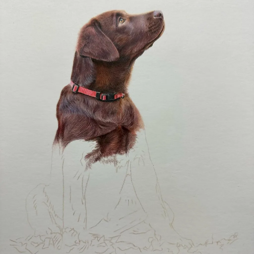 Part-finished Labrador drawing in coloured pencil with the head, collar and chest fur done